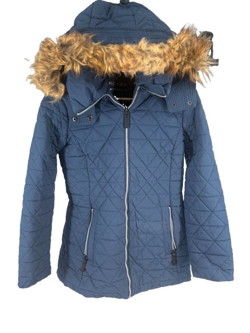 Andrew Marc Navy Hooded Faux Fur Trim Full Zip Quilted Puffer Jacket Coat Small